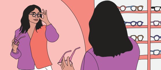 Illustration : une cliente essaie des montures devant le miroir de la boutique Pure